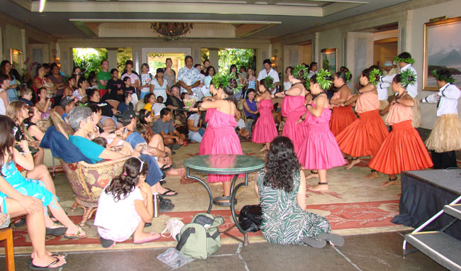 Children dancing the hula in lobby of Ritz Carlton, Kapalua, Maui, Hawaii